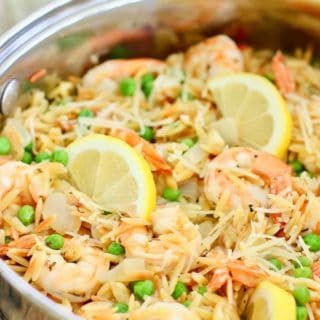 fresh shrimp cooked with orzo in skillet