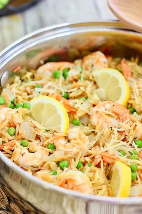 shrimp and pasta in a skillet ready to serve