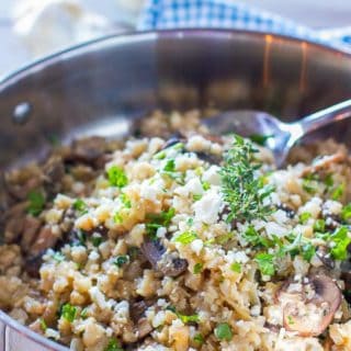 a skillet with cauliflower rice