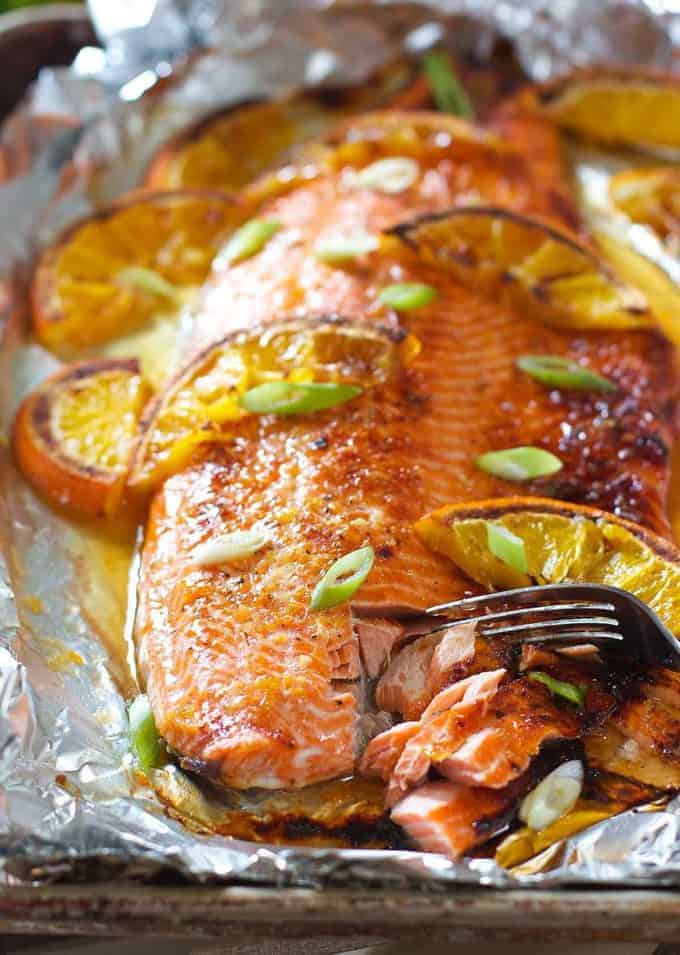 Glazed Salmon on a sheet pan lined with foil