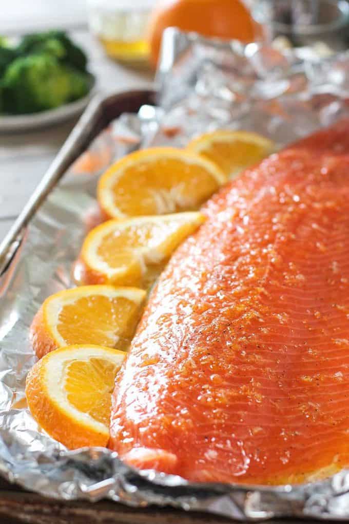 Salmon on a baking sheet ready to bake