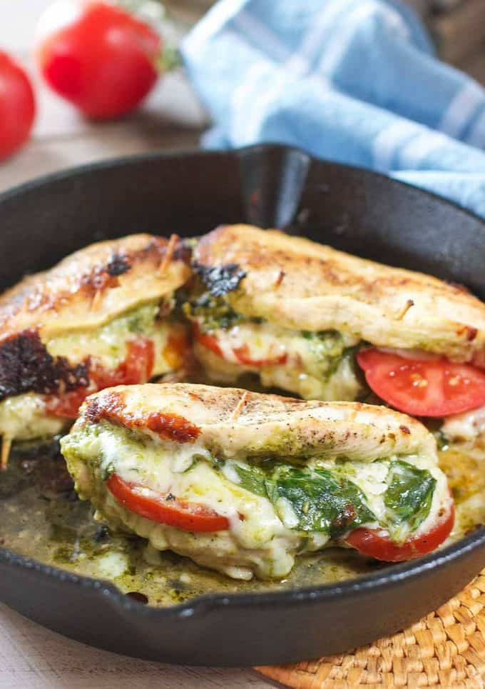 Pesto Stuffed Chicken Breasts in a skillet