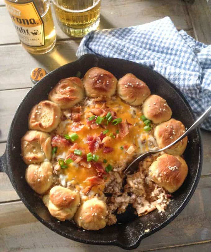 Cheeburger Dip with a beer