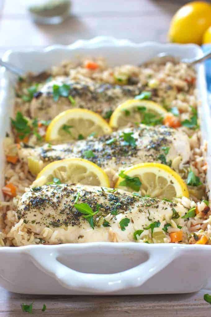 Baked Chicken Breasts with Lemon Rice Pilaf