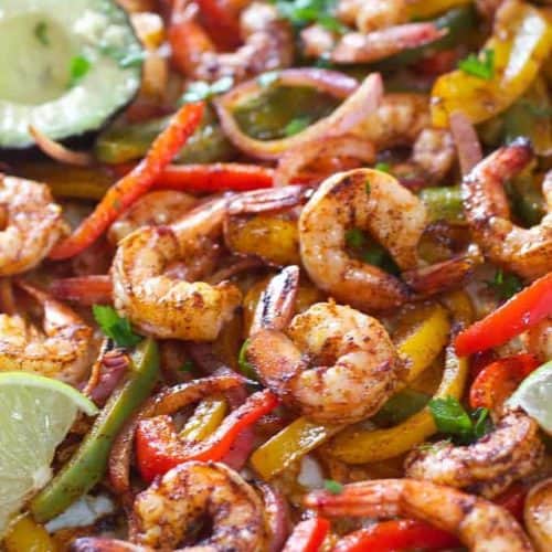 Sheet Pan Chili Lime Shrimp Fajitas - Laughing Spatula