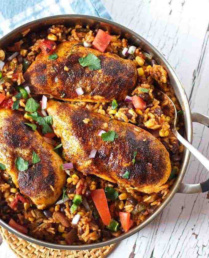 Chicken and Rice in a skillet