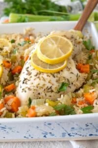 overhead view of chicken and rice pilaf