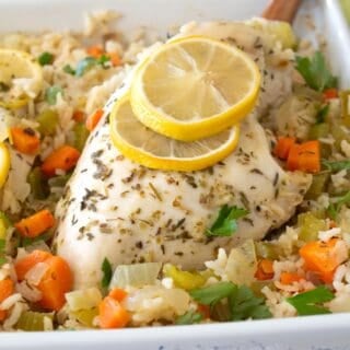 overhead view of chicken and rice pilaf
