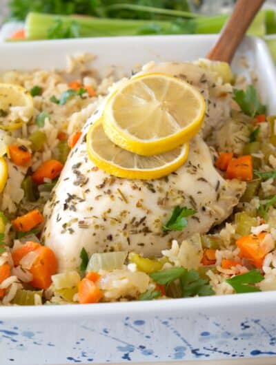 overhead view of chicken and rice pilaf