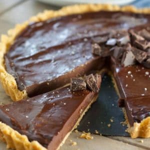 chocolate ganache tart being served