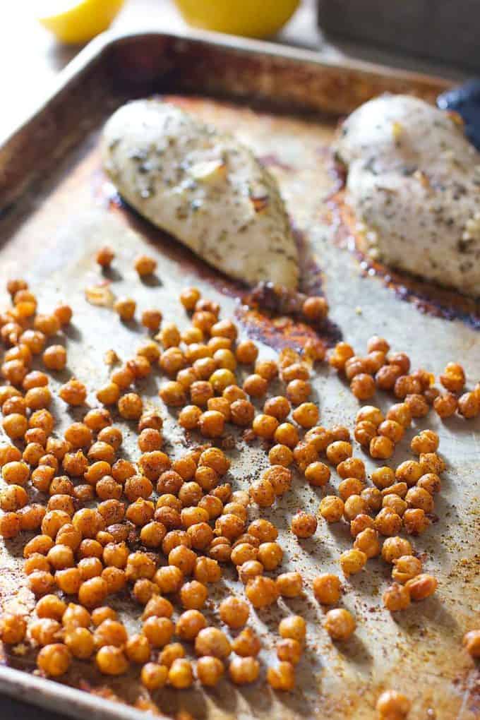 Roasted Garbanzo Beans on a sheet pan with chicken