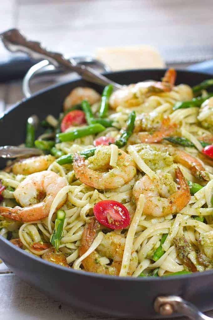 Shrimp and pasta in a skillet