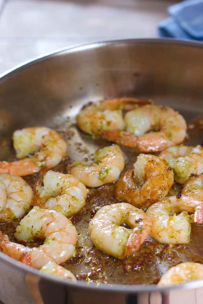 Shrimp in pan with pesto