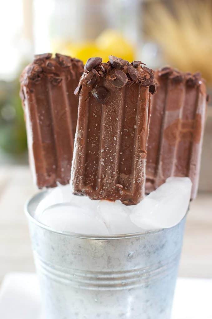 Dark Chocolate Fudgcicles in an ice bucket