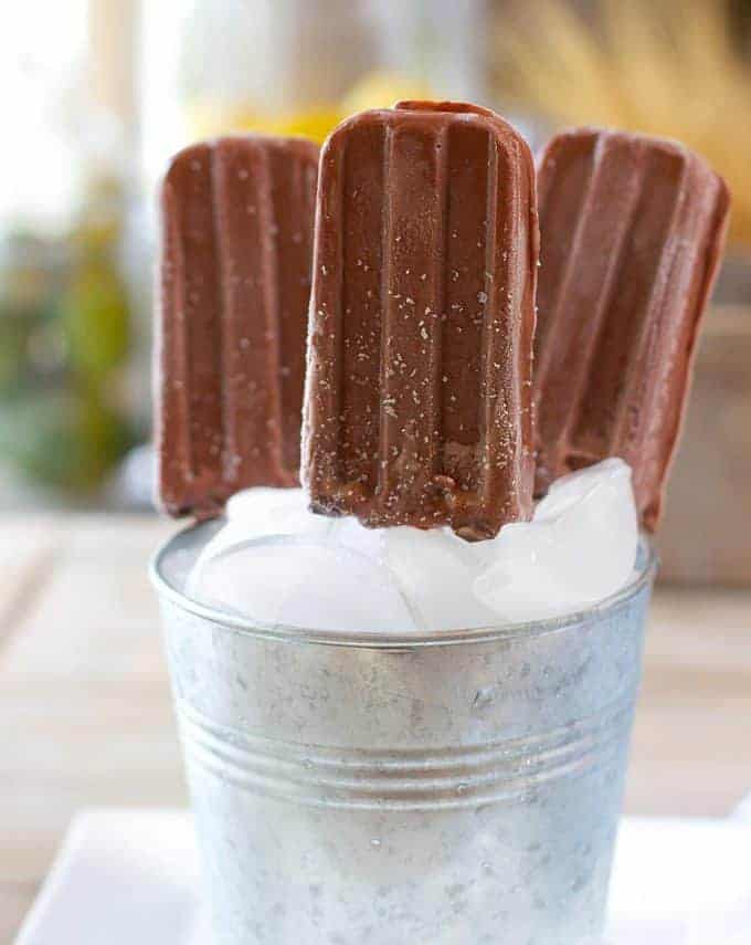 Dark Chocolate Fudgecicles displayed in bucket