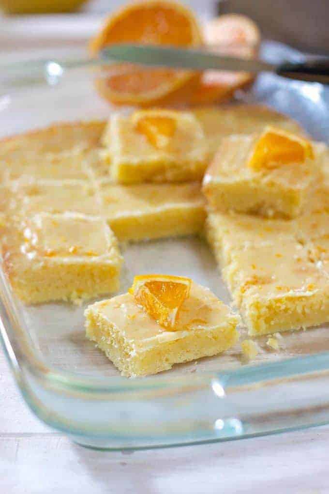 Orange bar dessert cut in squares