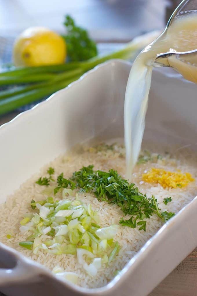 Oven baked rice in a casserole dish