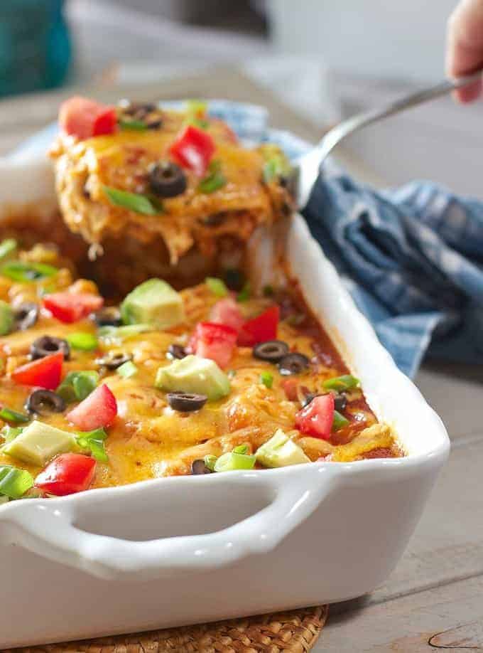 enchilada casserole being served