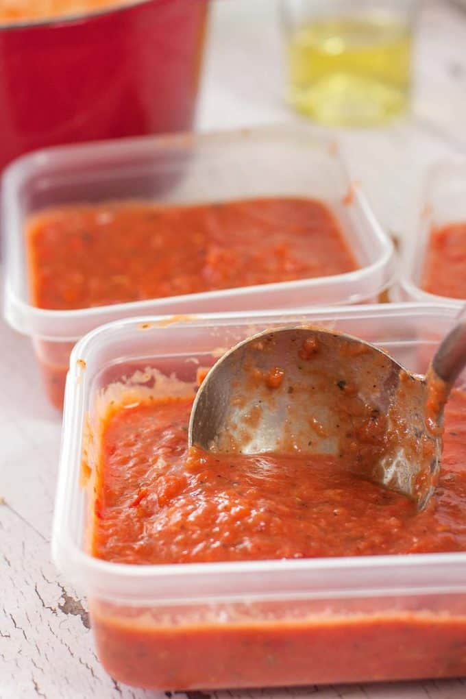 Homemade marinara in freezer containers