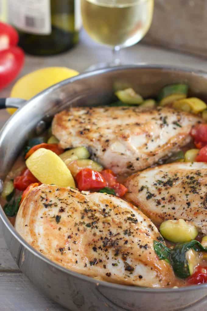 Chicken Breasts in Skillet cooking along side vegetables