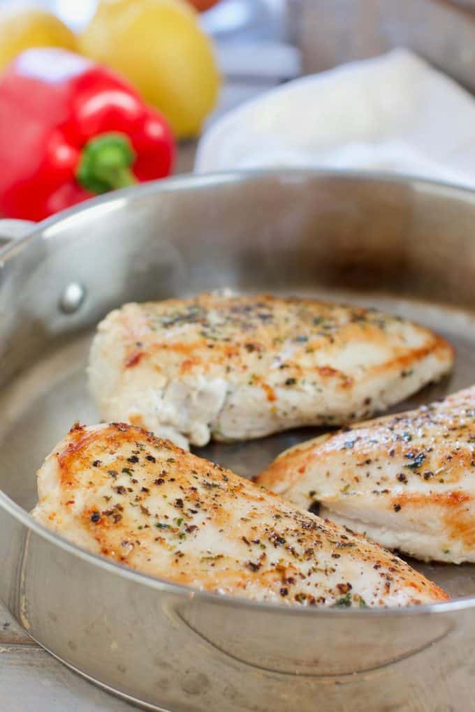 Searing chicken breasts in skillet