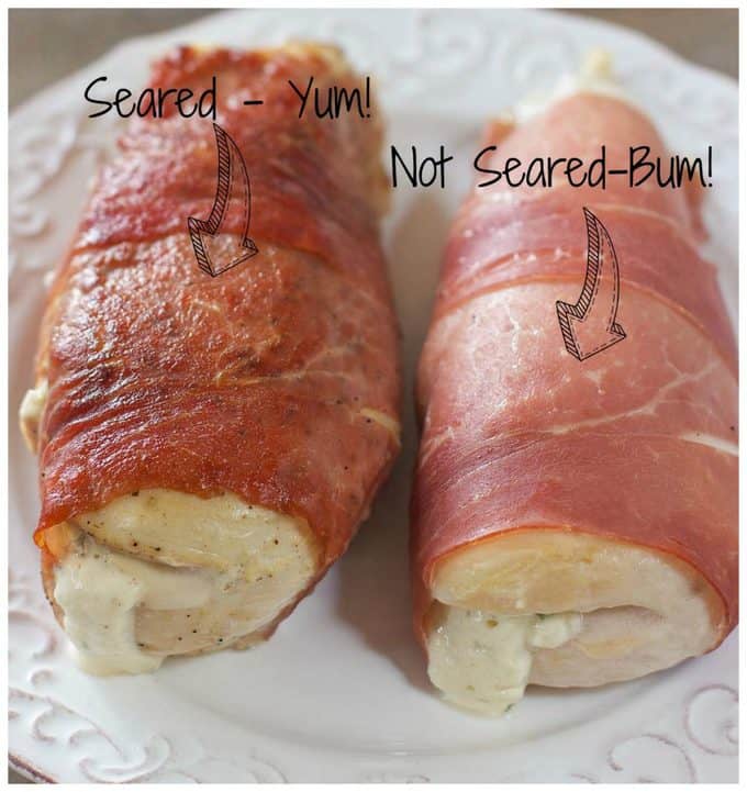 Prosciutto Wrapped Chicken Breasts Seared and not seared