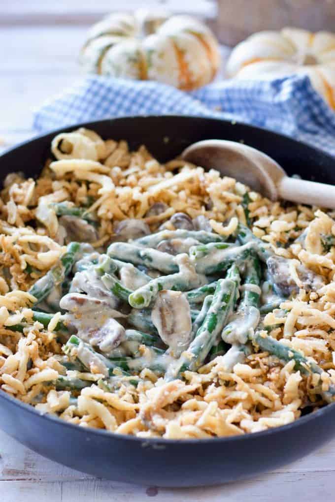 green bean casserole in a cast iron skillet