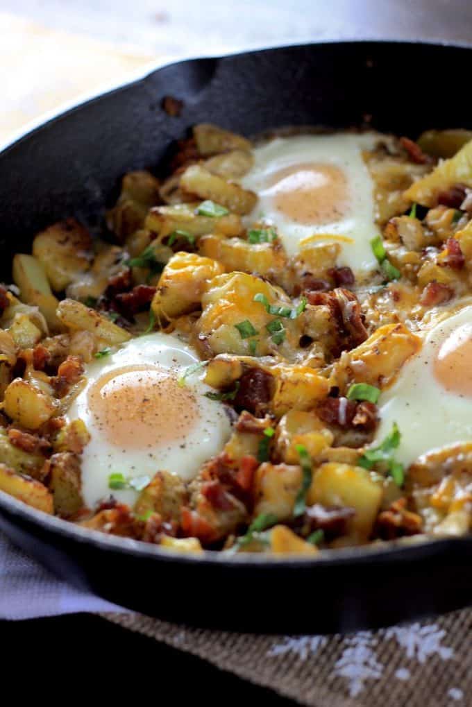 Skillet Baked Eggs with Potatoes and Bacon | Laughing Spatula