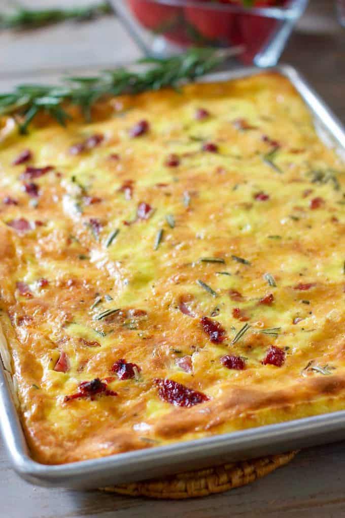 Baked and ready to cut Sheet Pan Quiche