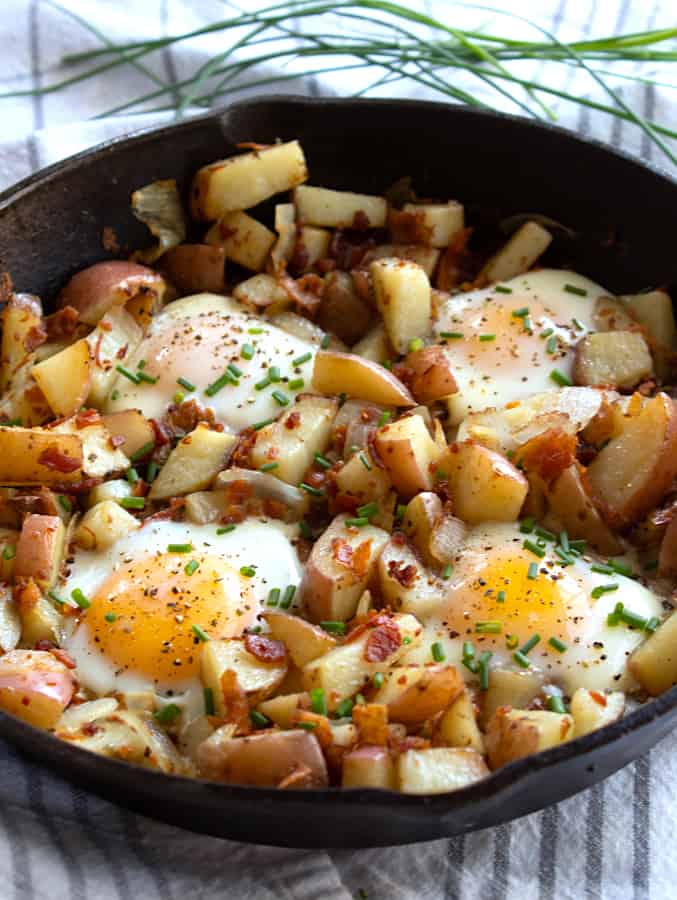 overhead view of egg skillet in cast iron pan