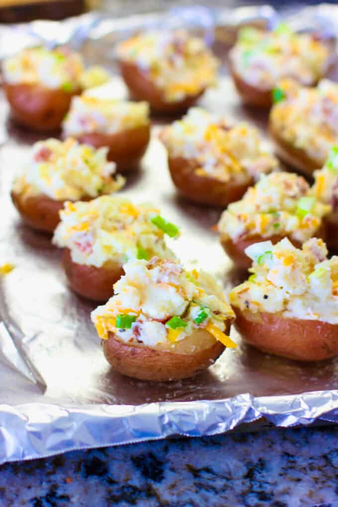 Delicious potato bites on a baking sheet