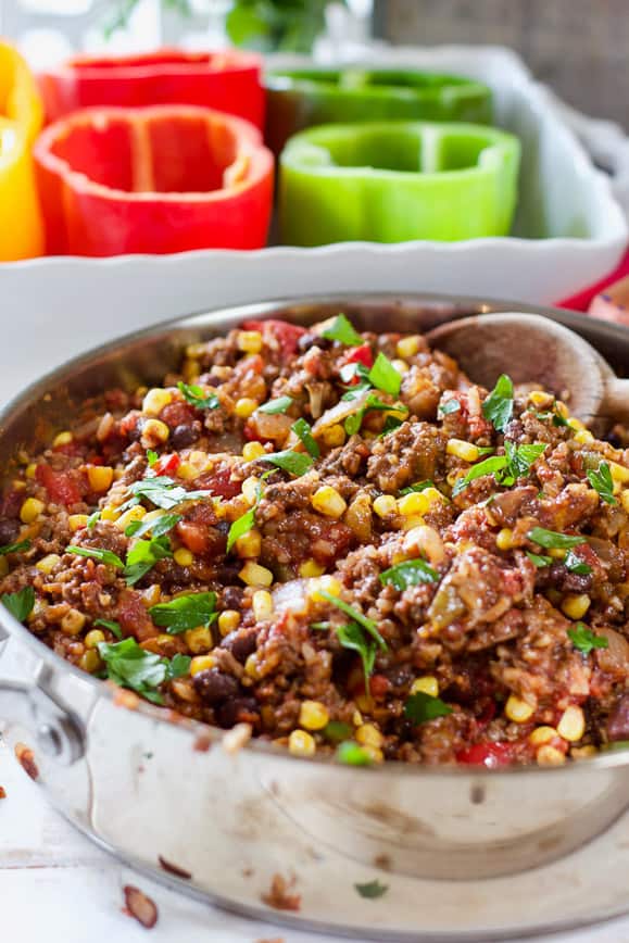 Ground beef and southwest flavors ready to stuff the peppers