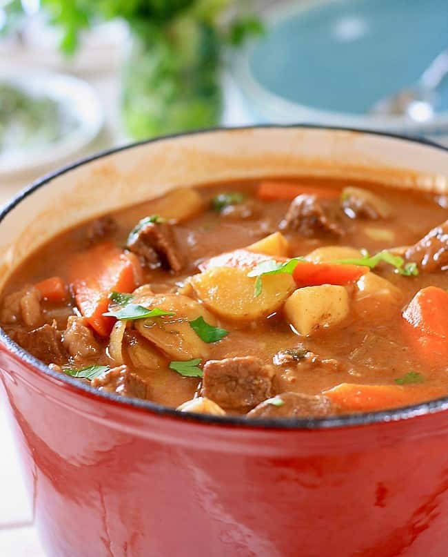 Stew ready to serve in a beautiful red pot