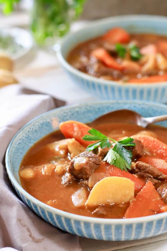 Stew in beautiful blue bowls