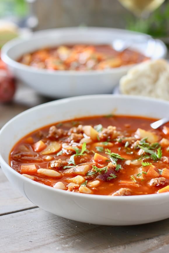 A bowl of Chorizo and White Bean soup ready to serve