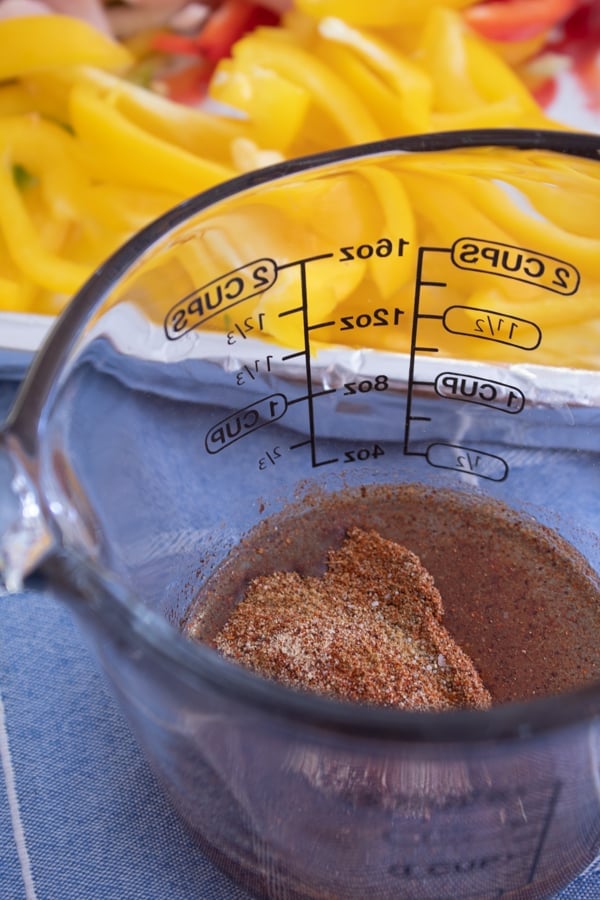 fajita mixture in a measuring glass
