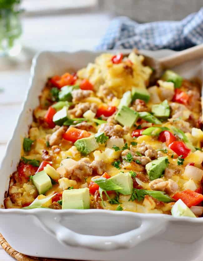 cooked breakfast casserole in baking dish