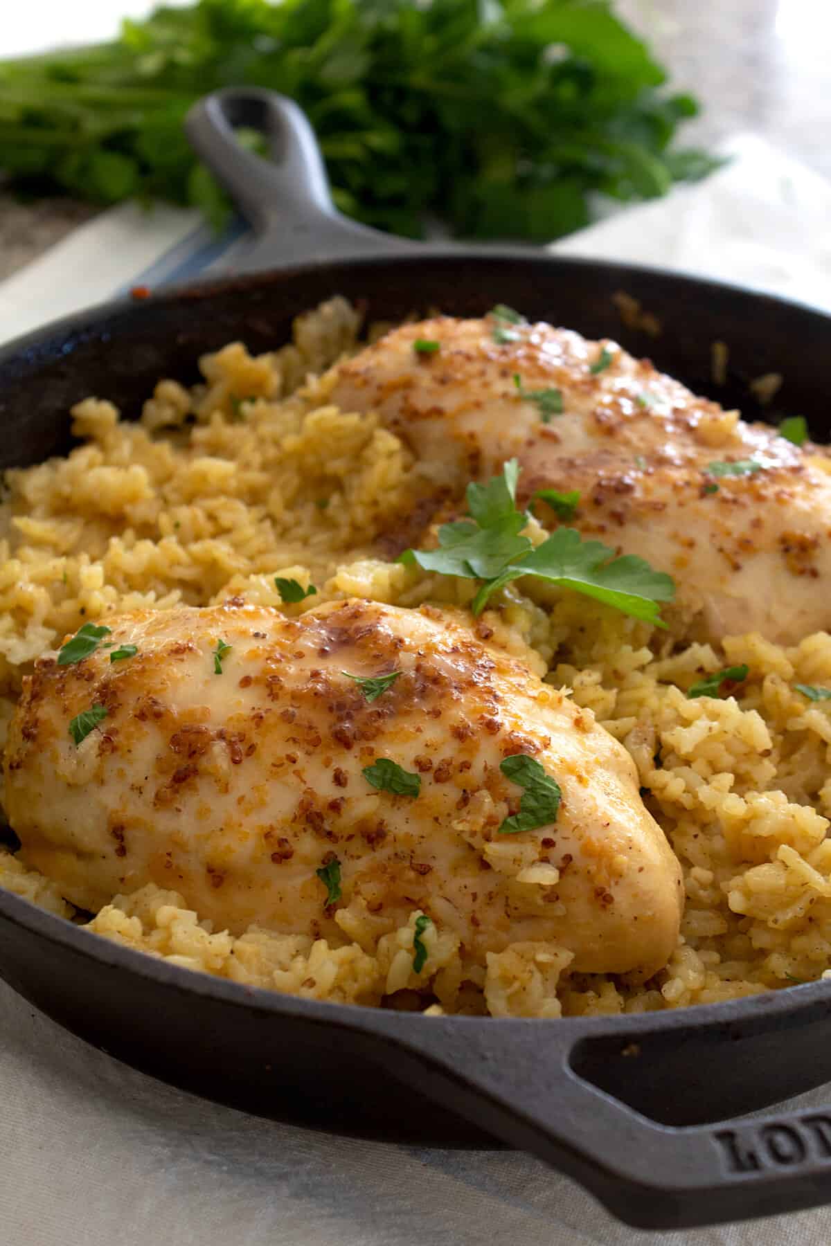 front view of honey mustard chicken and rice in cast iron pan