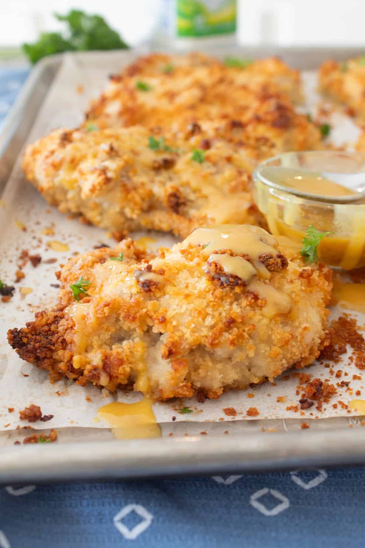 close up shot of crispy oven chicken thighs