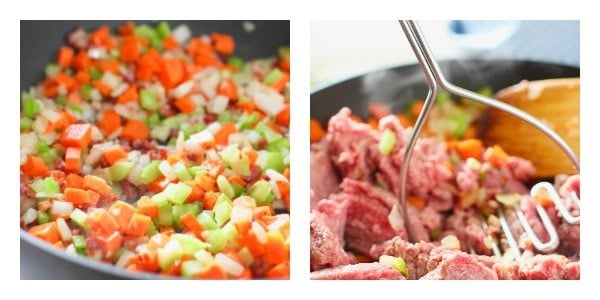 A dual picture of sautéed vegetables and ground beef