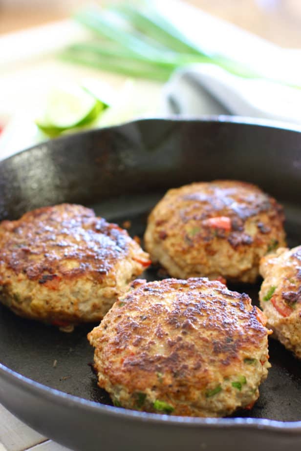 grilled chili lime burgers in cast iron pan