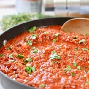 Classic Bolognese Sauce in a black skillet