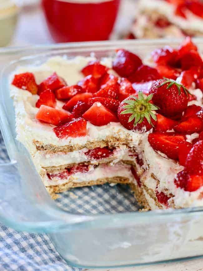 Fresh Strawberry Icebox Cake served in a glass pan