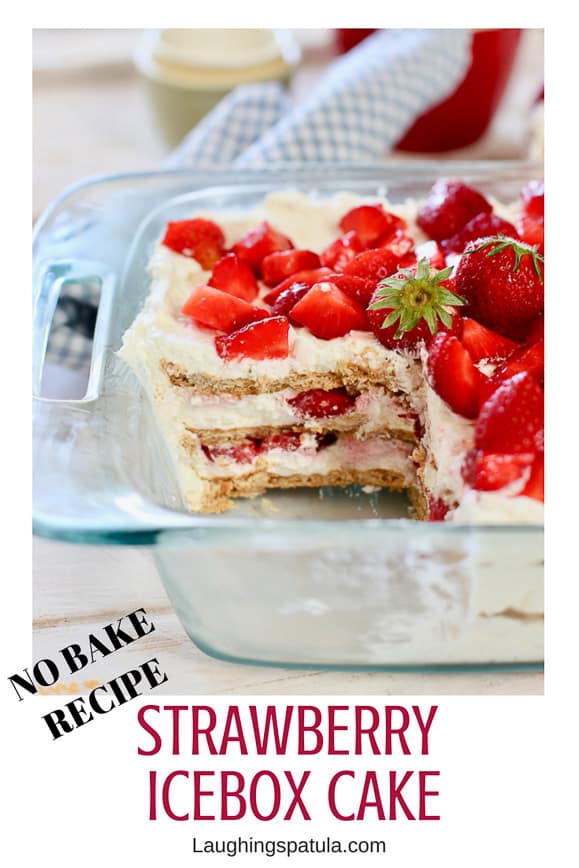 This fresh and easy to make Strawberry Icebox Cake will quickly become a family favorite! Only five ingredients in this delicoius NO BAKE Cake! #easysummerdessert #dessertforacrowd #strawberryrecipes #nobakecake