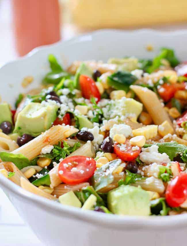 Tex Mex Pasta Salad in a large white bowl