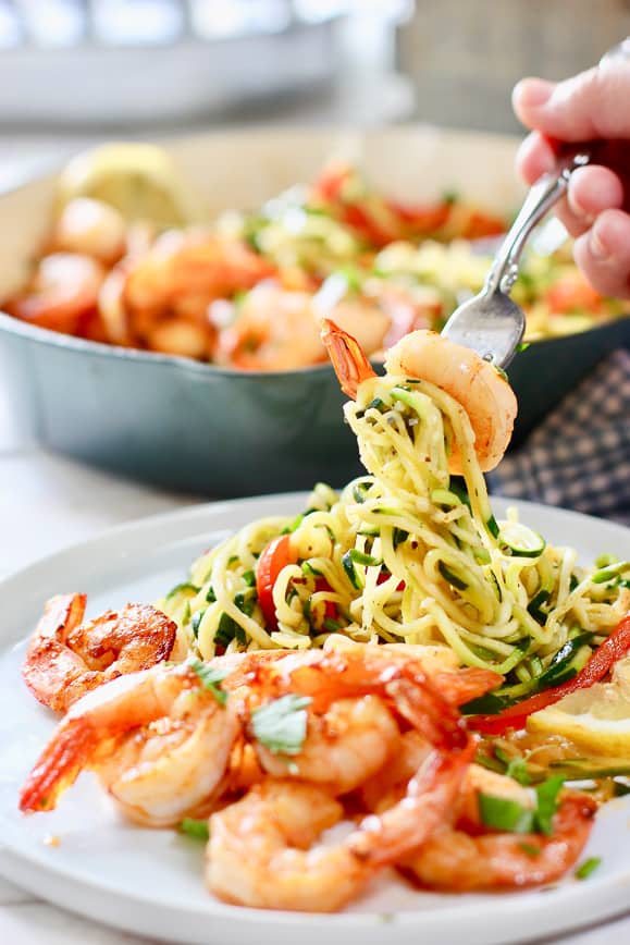 Zoodles and Shrimp on a small white plate