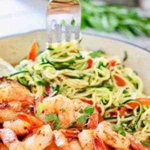 Healthy Shrimp and Zoodles in blue skillet