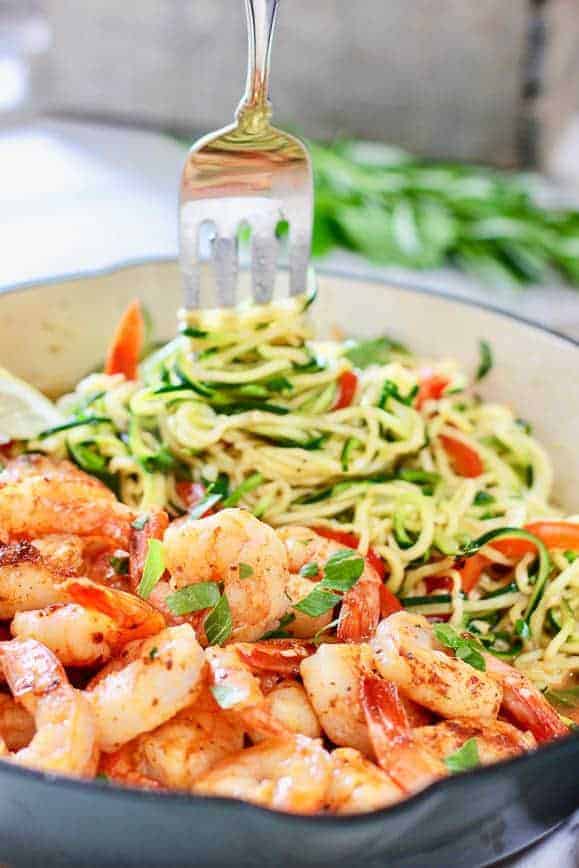 Healthy Shrimp and Zoodles in blue skillet