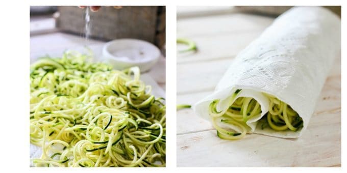 Zoodles on a paper towel being salted and rolled up