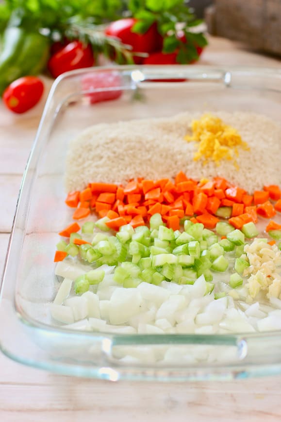 Rice and veggies in a baking dish